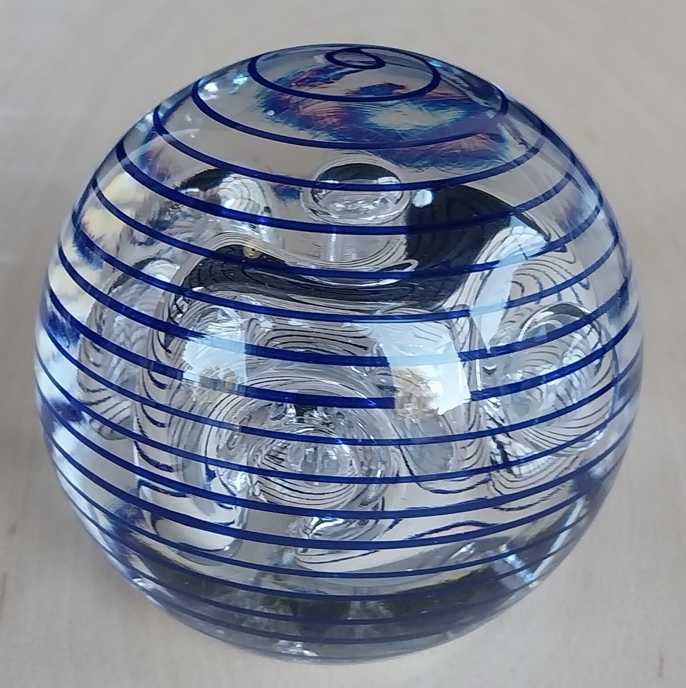 Studio Art Glass Paperweight Signed, Karg (?) Controlled Bubbles Blue Spiral